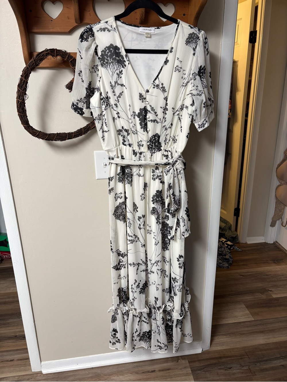 Calvin Klein White Maxi Dress with Black Floral Print